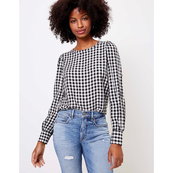 LOFT Tops - LOFT Plaid Wide Cuff Blouse Black/White in Large